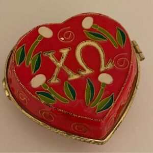 CHI OMEGA Sorority Cloisonné Red Gold Heart Shaped Trinket Box Chi O